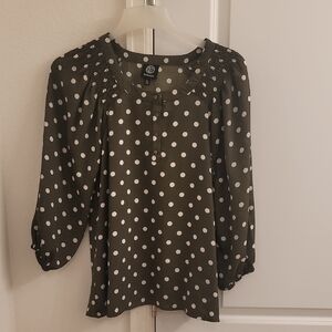 Bobeau Olive and White Polka Dot Blouse